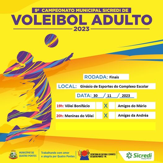 Hoje tem finais do 9º Campeonato Municipal Sicredi de Voleibol Adulto 2023