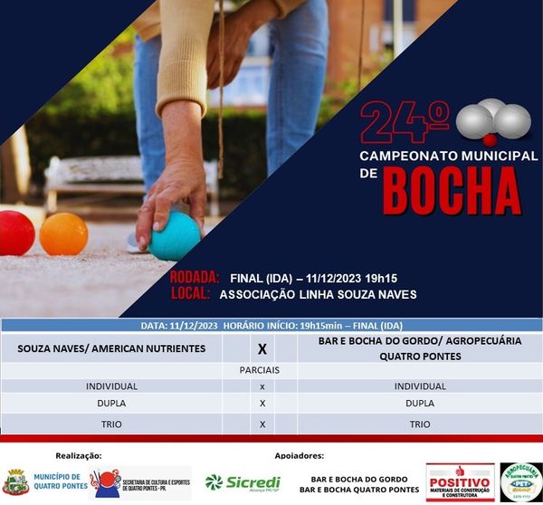 Jogo de ida da final do 24º Campeonato Municipal de Bocha 2023 – Cancha de Areia é hoje