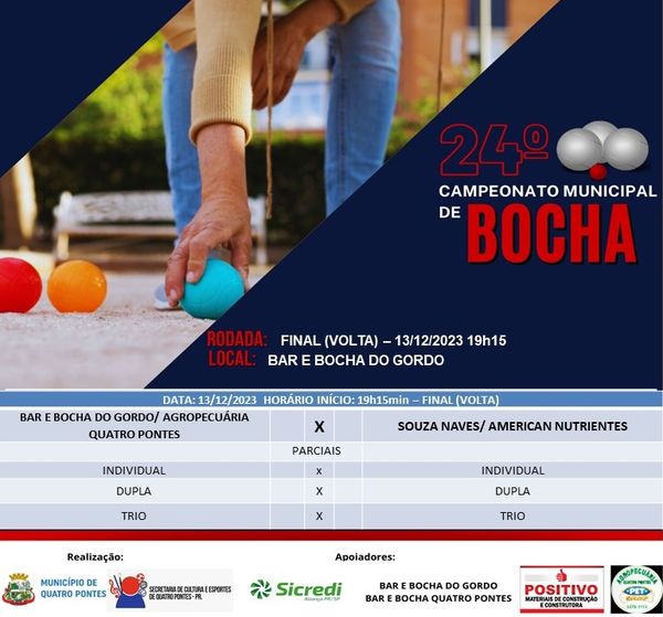Final do 24º Campeonato Municipal de Bocha 2023 – Cancha de Areia é hoje