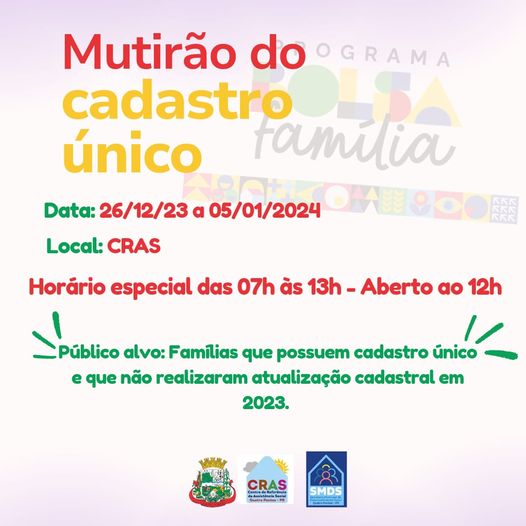 Mutirão do Cadastro Único será realizado de 26 de dezembro a 05 de janeiro