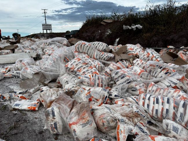 Carreta com 31 toneladas de farinha de trigo tomba na PR 491 em Nova Santa Rosa