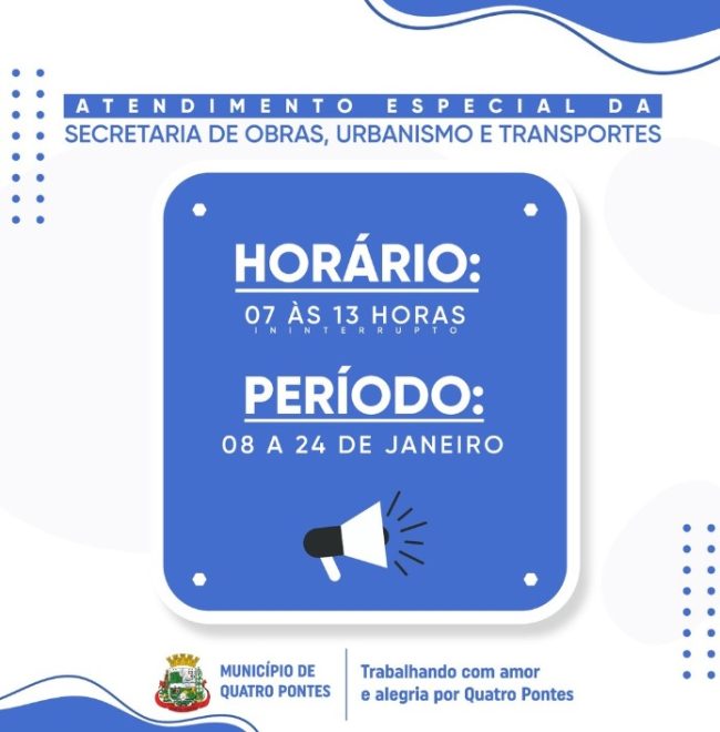 Secretaria de Obras, Urbanismo e Transportes adere a horário especial de atendimento