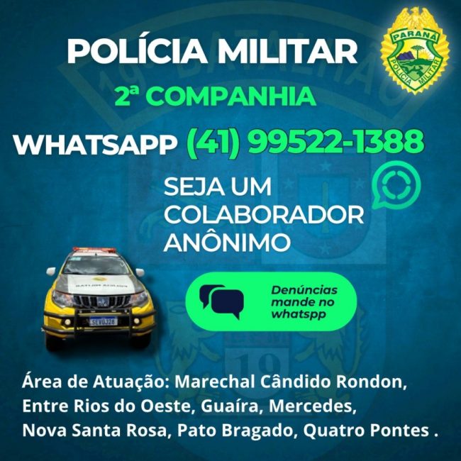 Polícia Militar divulga WhatsApp para denúncias anônimas de crimes na região de Marechal Rondon
