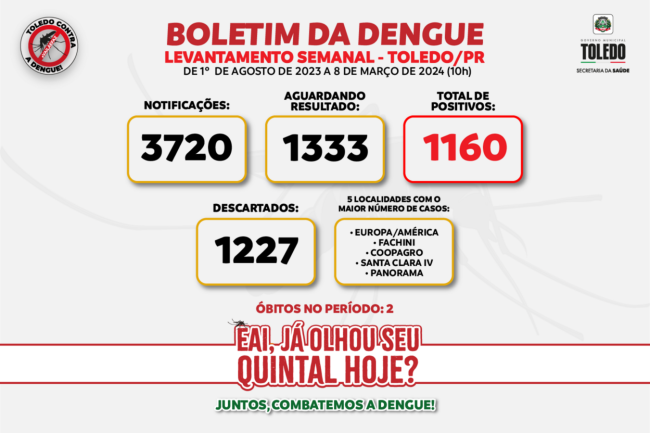 Número de casos de dengue em Toledo em 2024 já ultrapassa os do ano passado