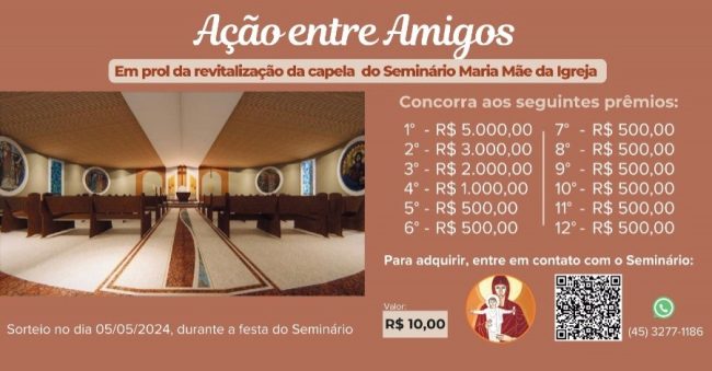 Participe da Rifa Solidária do Seminário Maria Mãe da Igreja e concorra a R$ 5.000,00 e milhares de prêmios em dinheiro