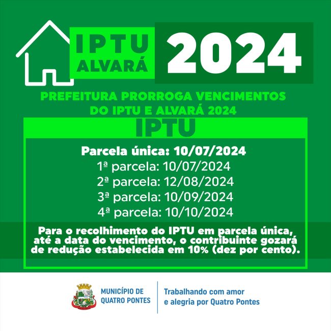 Prefeitura prorroga vencimentos do IPTU e Alvará 2024