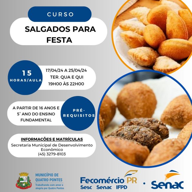 Inscrições para curso de “Salgados de Festa” estão abertas na Prefeitura de Quatro Pontes