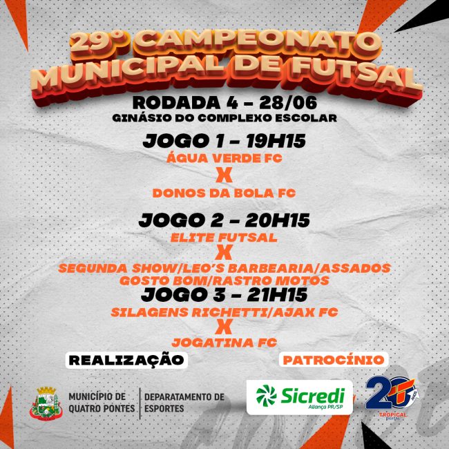 4ª rodada do 29° Campeonato Municipal de Futsal – Masculino Livre é hoje