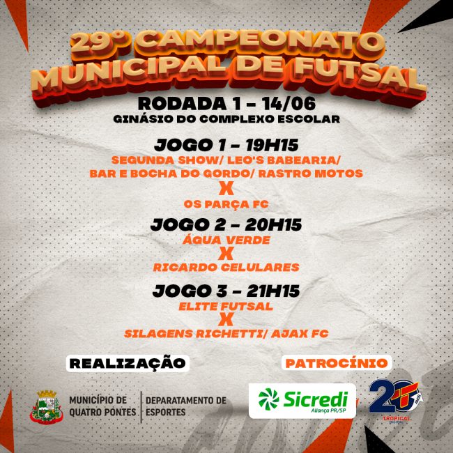 Inicia hoje o 29° Campeonato Municipal de Futsal de Quatro Pontes