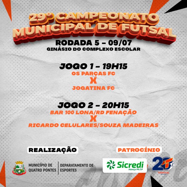 5ª rodada do 29° Campeonato Municipal de Futsal – Masculino Livre é adiada