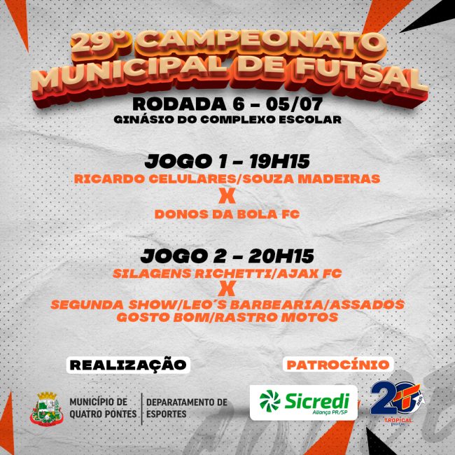 6ª rodada do 29° Campeonato Municipal de Futsal – Masculino Livre hoje