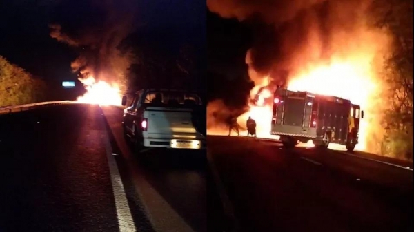 Ônibus é consumido pelas chamas após pane elétrica na BR 277