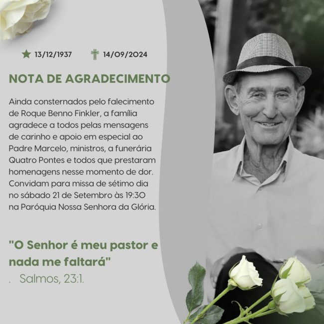 Missa de sétimo dia em homenagem ao seu Roque Finkler acontece neste sábado