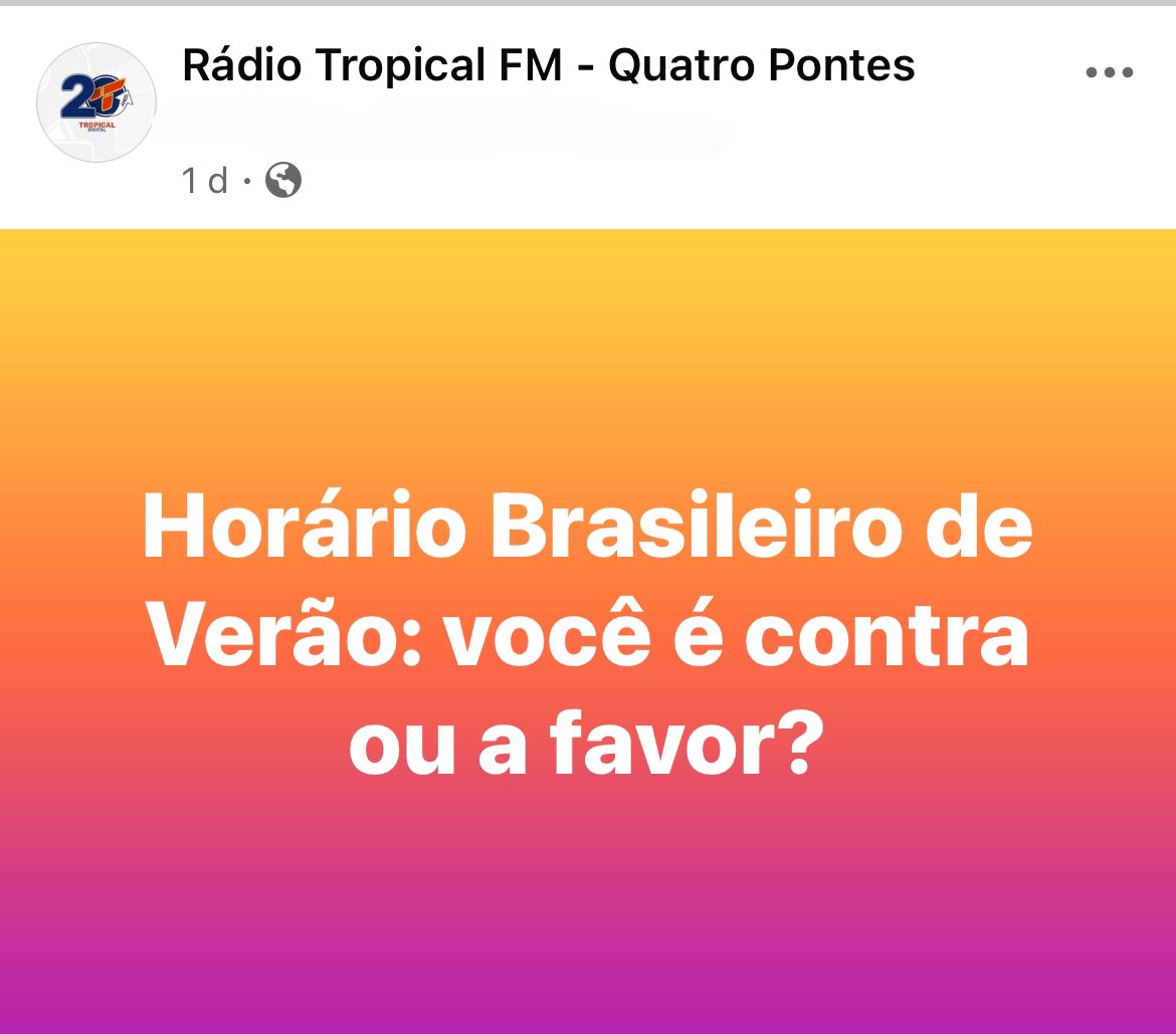 Quatro Pontes: 98,7% não querem o horário brasileiro de verão.