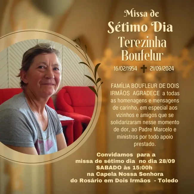 Missa de Sétimo Dia de Terezinha Boufleur será realizada neste sábado em Dois Irmãos