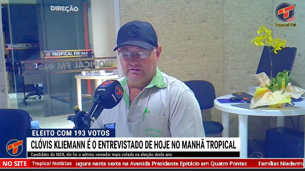 Rádio Tropical FM realiza série de entrevistas com vereadores eleitos. Clovis Kliemann foi o primeiro