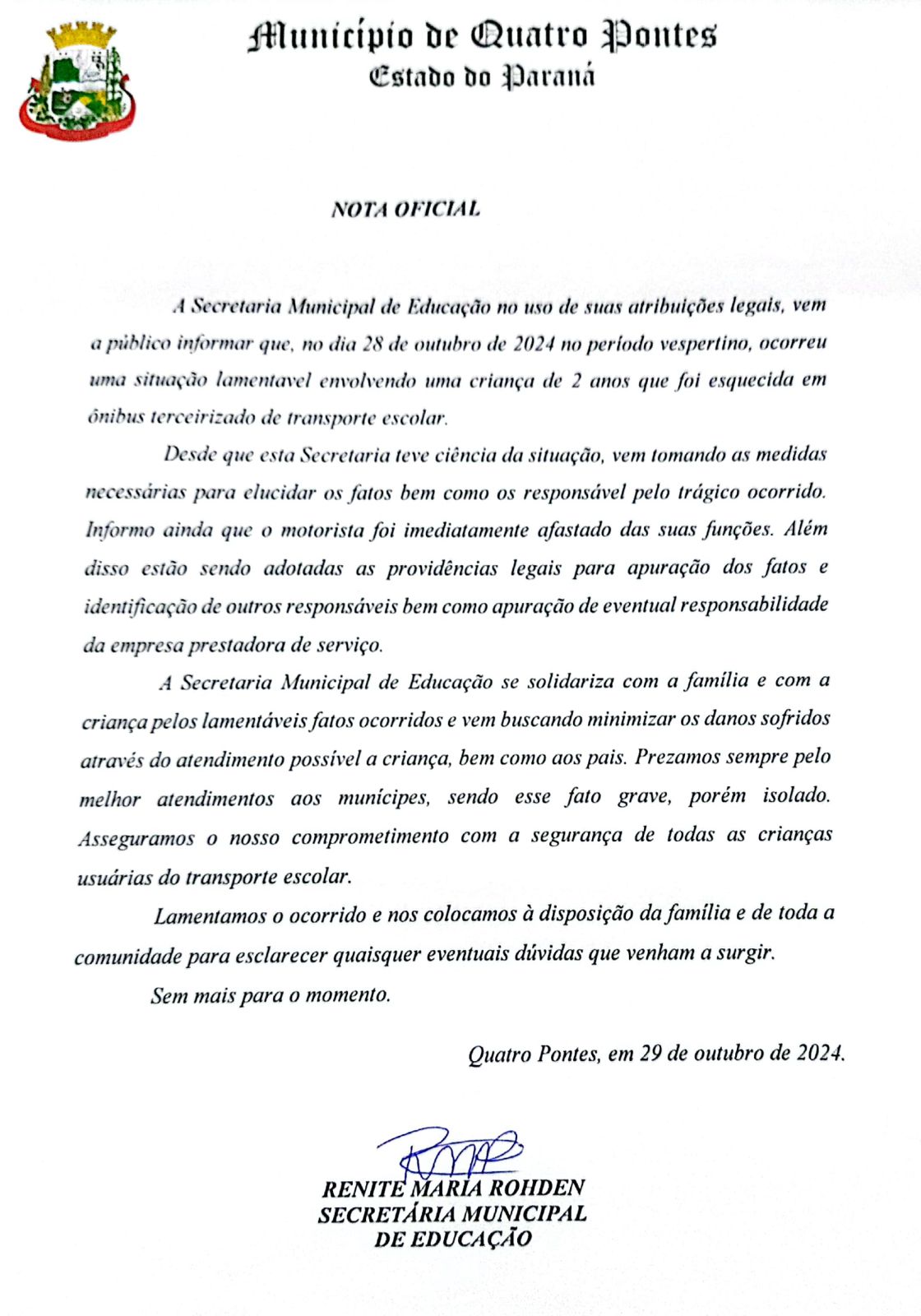 Secretaria Municipal de Educação de Quatro Pontes emite nota sobre incidente com criança em transporte escolar