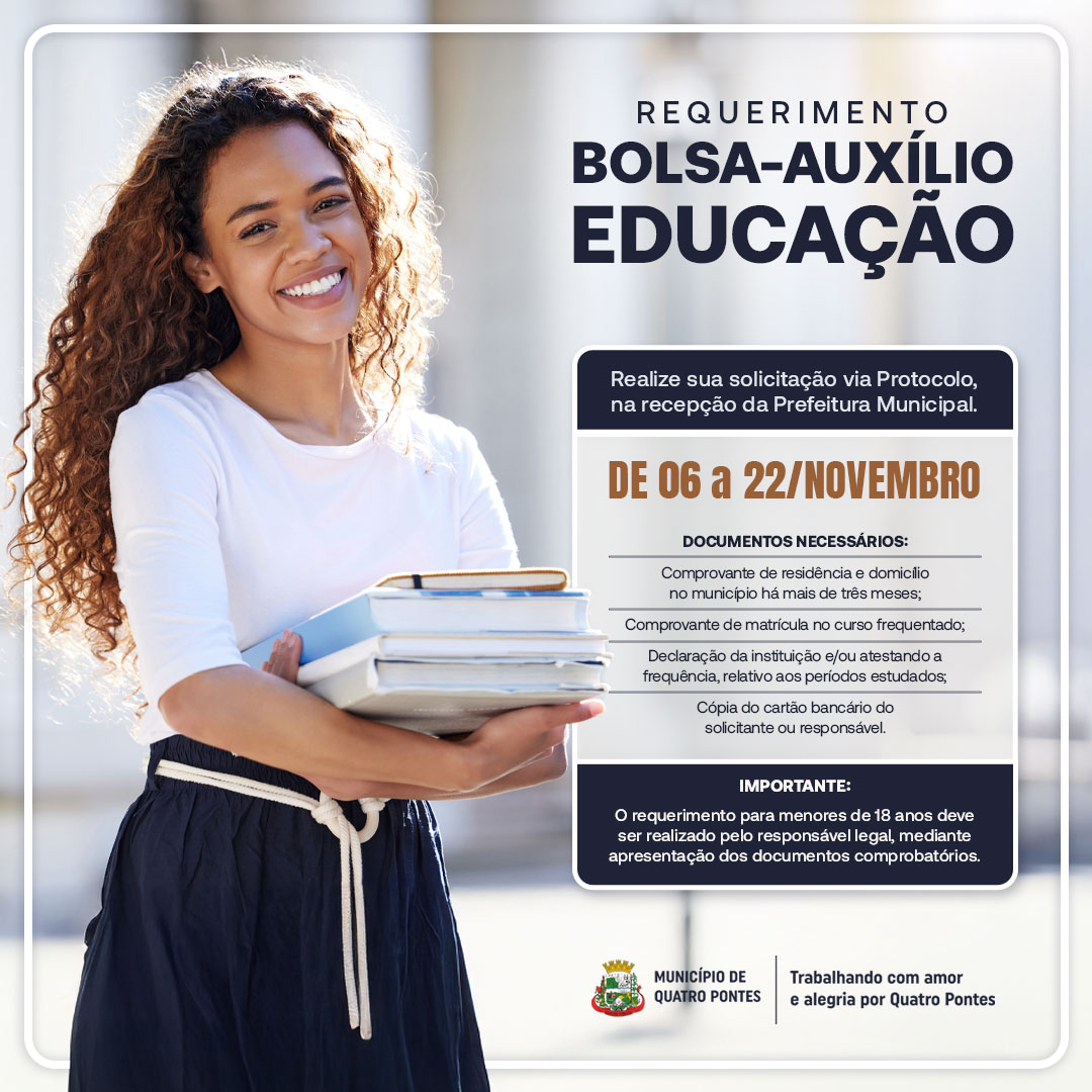 Requerimento da Bolsa Auxílio Educação iniciou e deve ser formalizado até o próximo dia 22 em Quatro Pontes