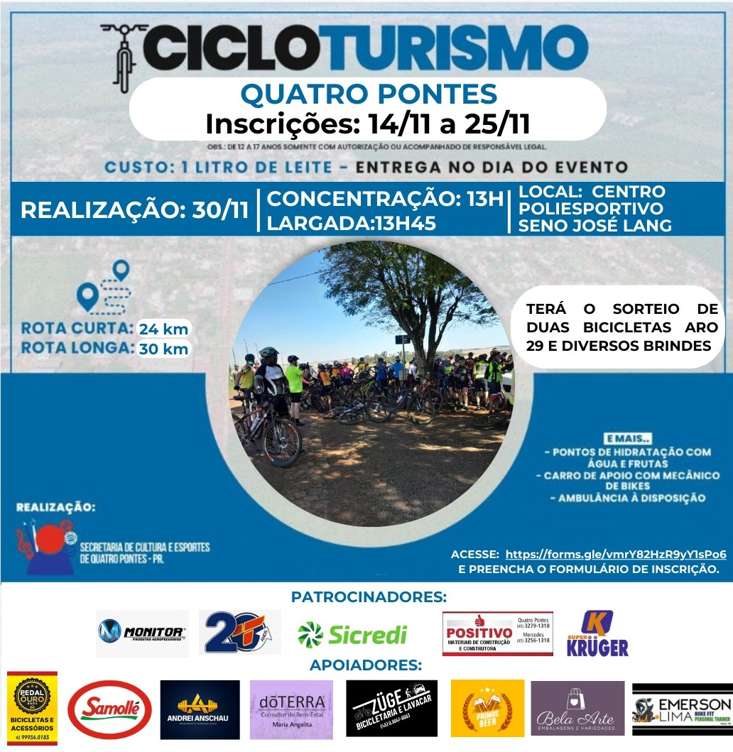 Inscrições para Cicloturismo de Quatro Pontes vão até hoje. Evento acontece sábado