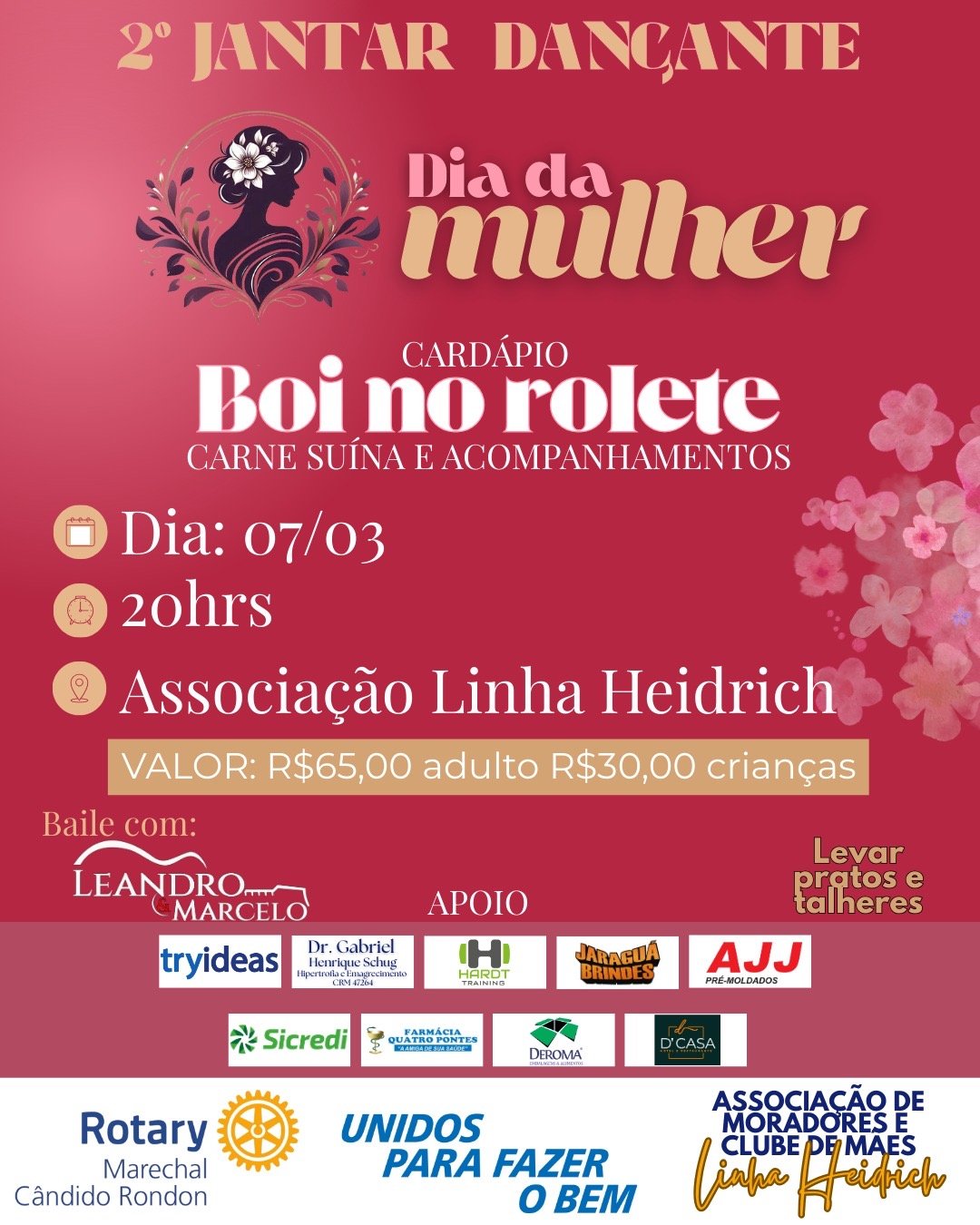 Dia da Mulher será celebrado com jantar e baile; fichas disponíveis em Quatro Pontes