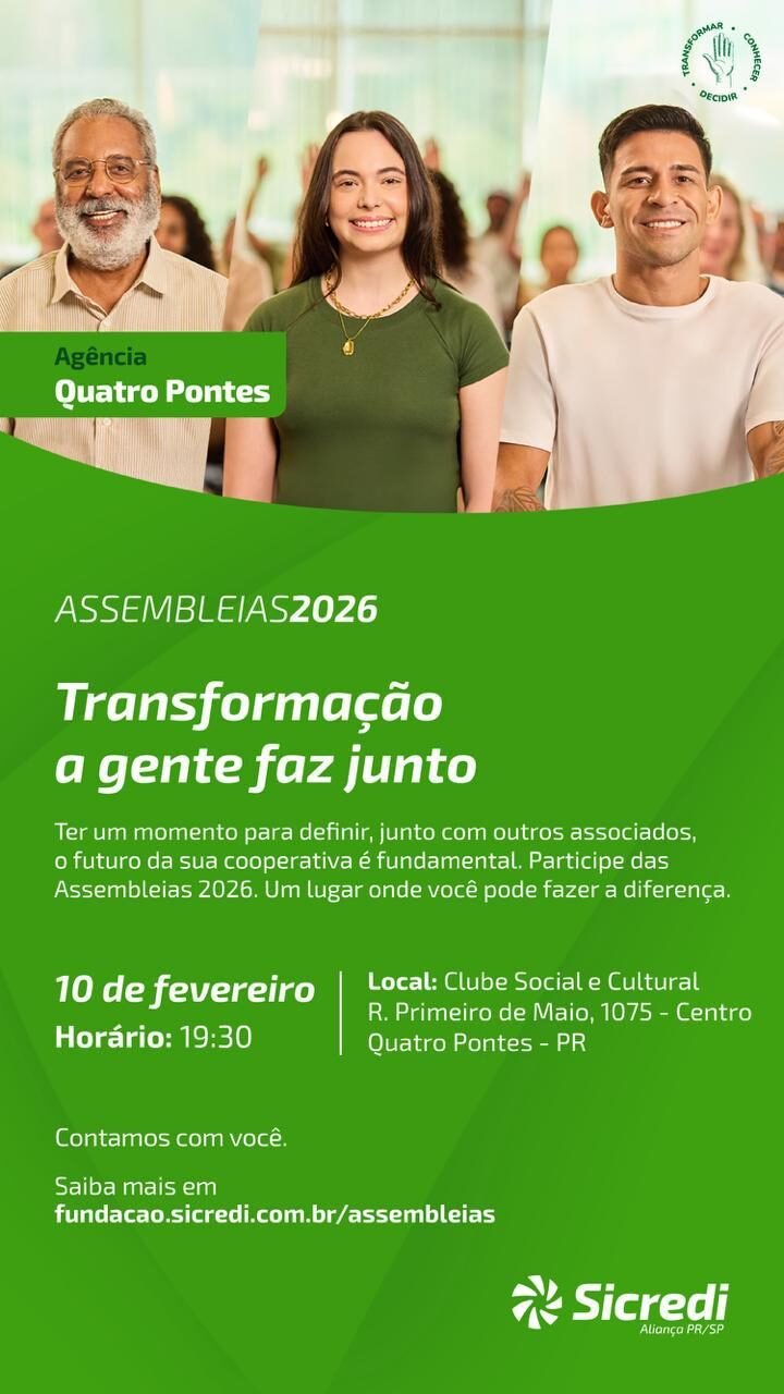 Assembleia Sicredi 2026 será realizada no dia 10 de fevereiro em Quatro Pontes