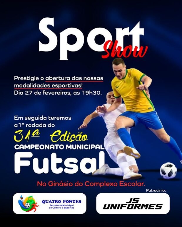 Quatro Pontes realiza hoje abertura das Atividades Esportivas 2026 e do 31º Campeonato Municipal de Futsal