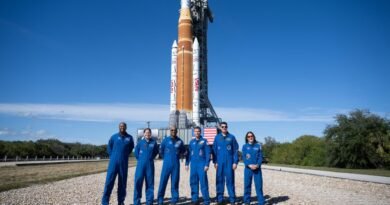 Integrantes-das-tripulacoes-principal-e-reserva-da-Artemis-II-posam-com-o-foguete-SLS-durante-o-traj