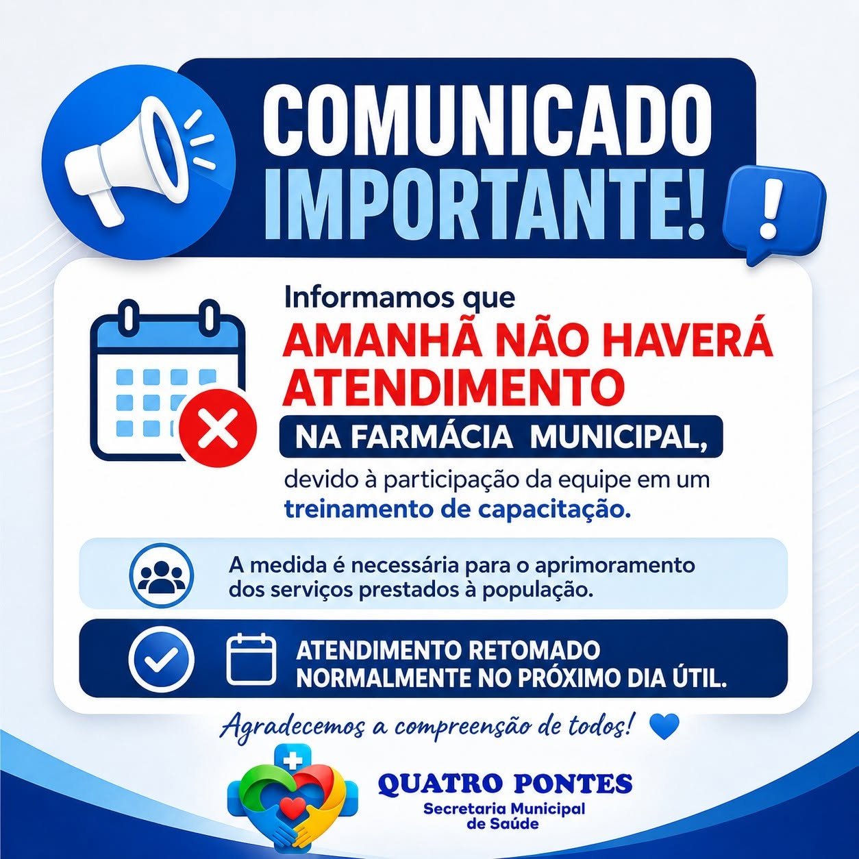 Farmácia Municipal de Quatro Pontes não terá atendimento nesta quarta-feira devido à capacitação da equipe
