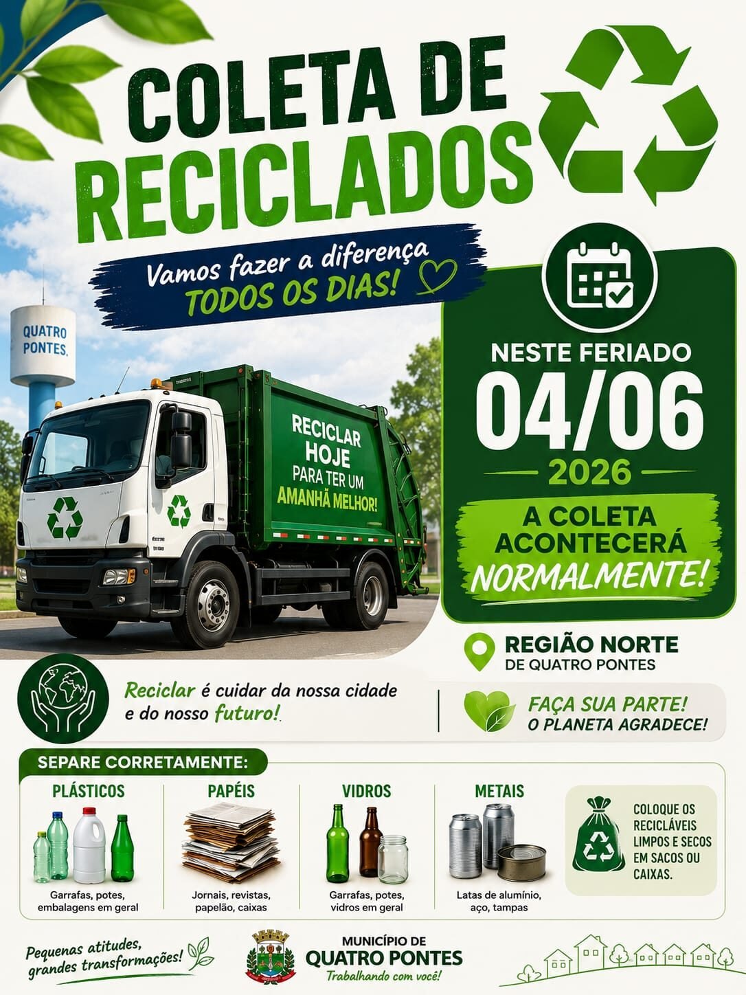Coleta de materiais recicláveis será mantida normalmente no feriado de Corpus Christi em Quatro Pontes