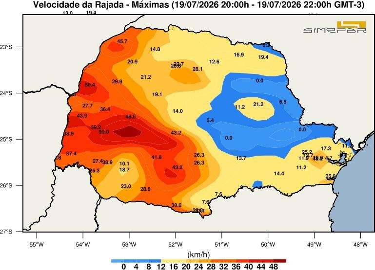 Ventos fortes atingem o Oeste do Paraná, mas intensidade começa a diminuir, aponta Simepar