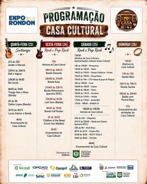 Bia Socek, Last Grov, cover de Iron Maiden, Jam Session, Quebra Mar e Rusty Souls são algumas das atrações da Casa Cultural da Expo Rondon 2026