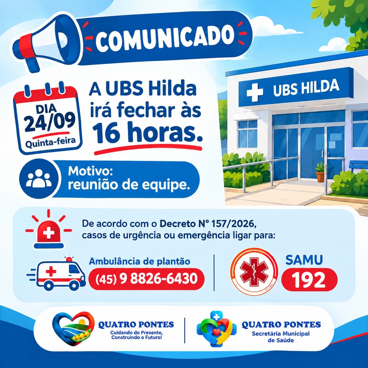 UBS Hilda terá atendimento encerrado às 16h na quinta-feira, 24 de setembro