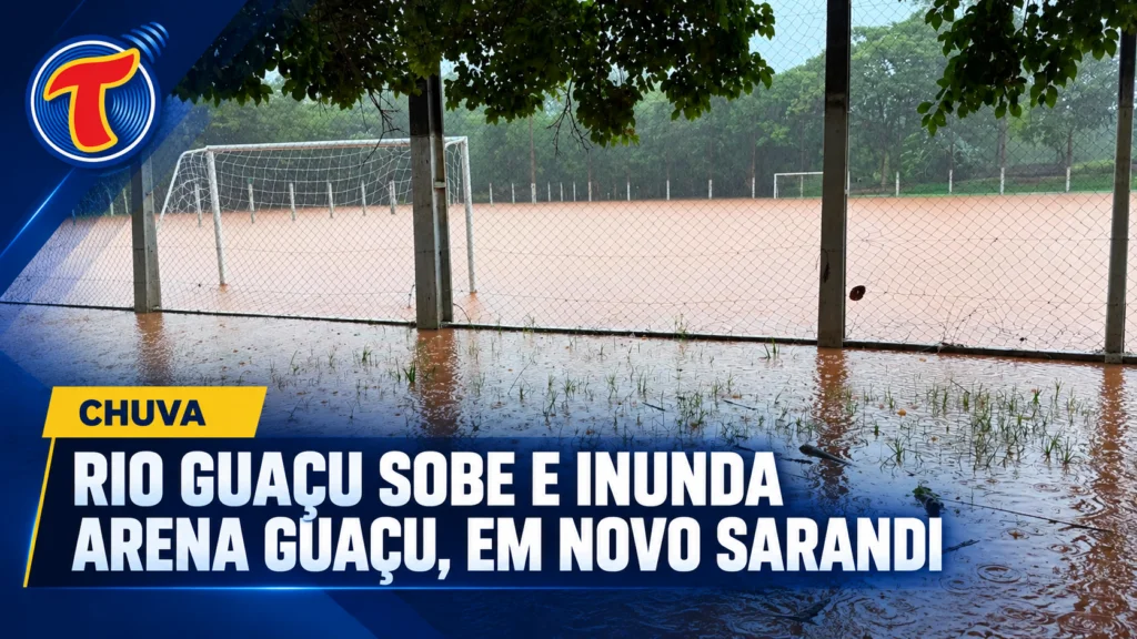 Rio Guaçu sobe de nível e inunda a Arena Guaçu, em Novo Sarandi