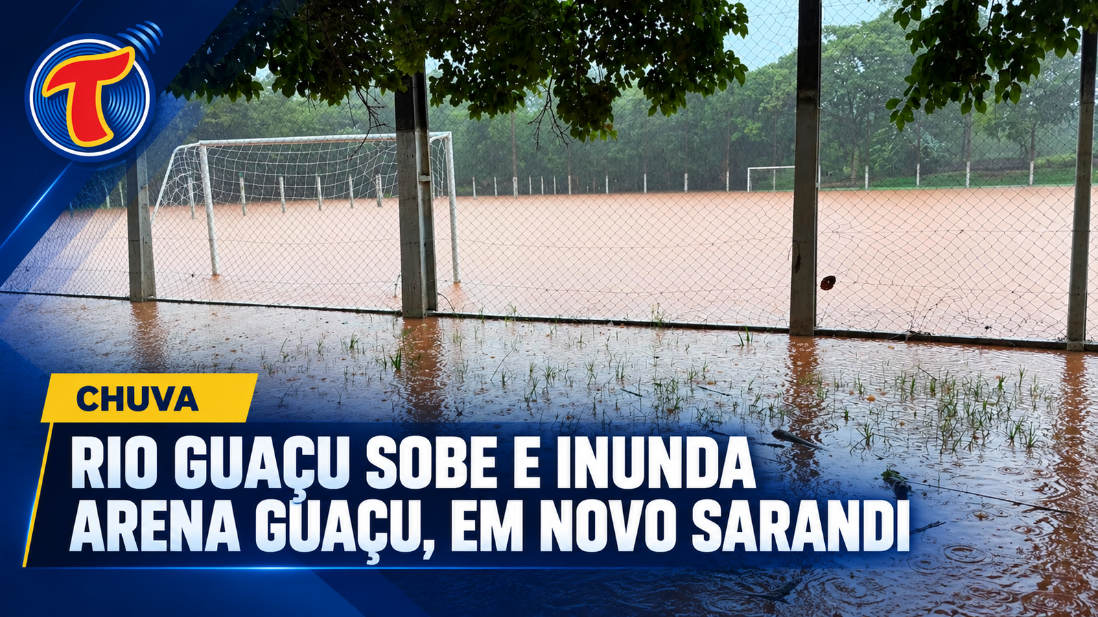Rio Guaçu sobe de nível e inunda a Arena Guaçu, em Novo Sarandi