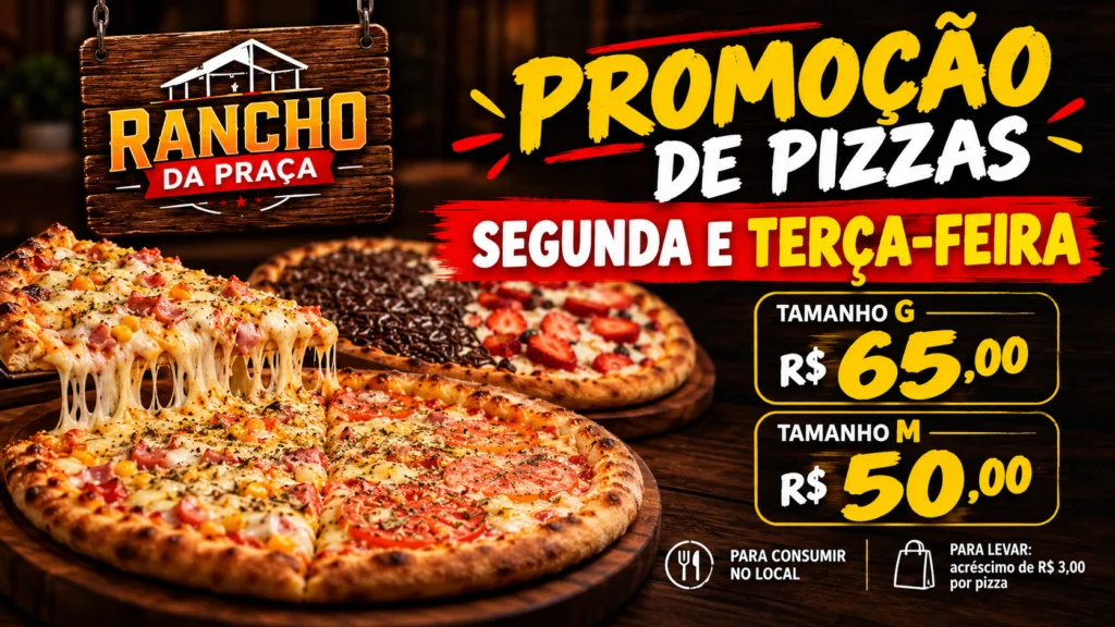 Rancho da Praça promove oferta especial de pizzas nesta segunda e terça-feira
