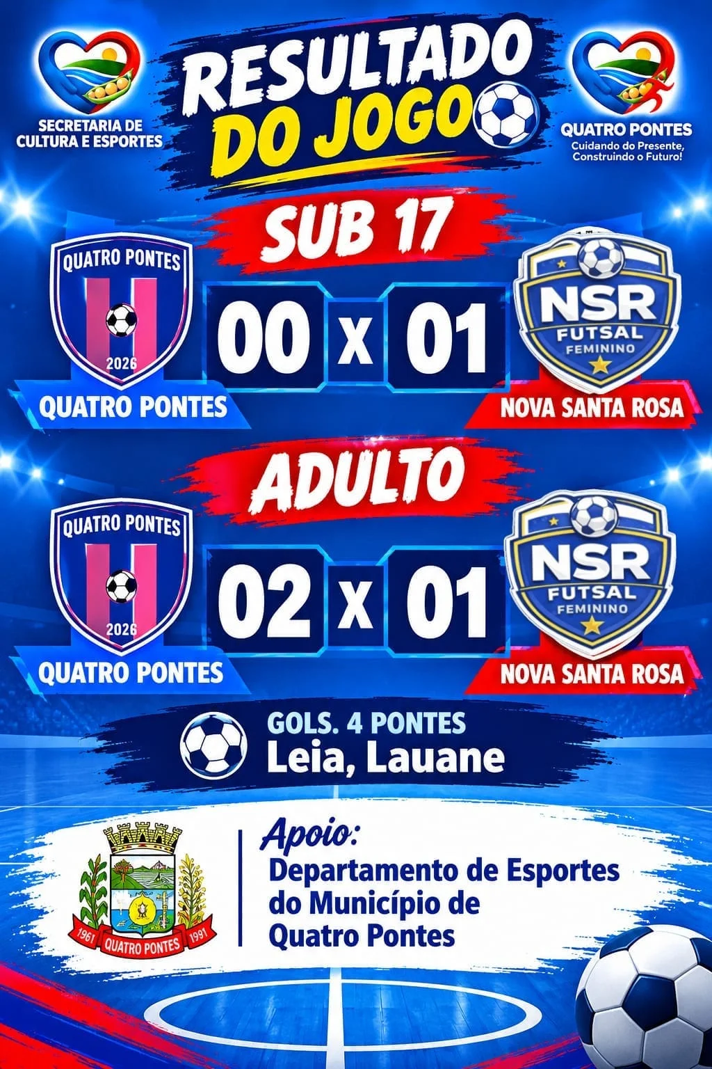 Quatro Pontes conquista vitória na categoria adulta em amistosos de futsal feminino contra Nova Santa Rosa
